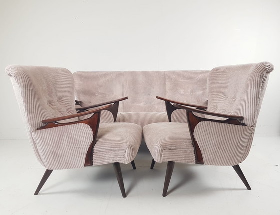 Image 1 of Vintage Fauteuils + Bank | Bankstel Roze Ribstof Nieuw Teak