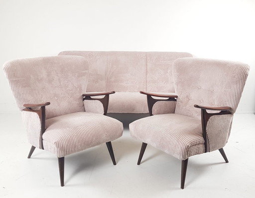 Vintage Fauteuils + Bank | Bankstel Roze Ribstof Nieuw Teak