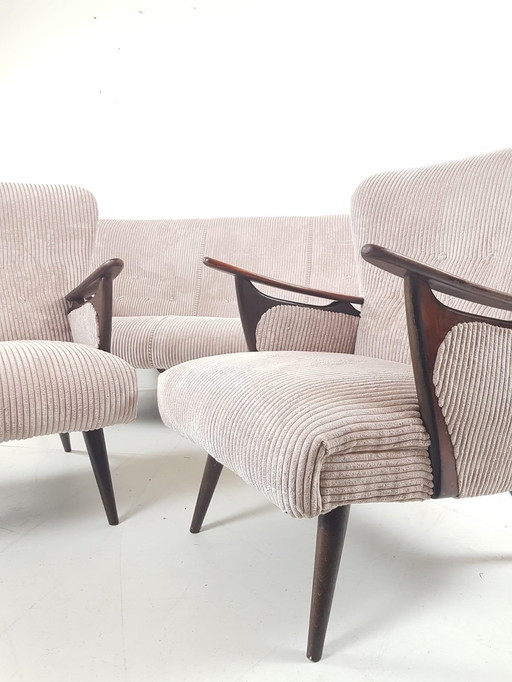 Vintage Fauteuils + Bank | Bankstel Roze Ribstof Nieuw Teak