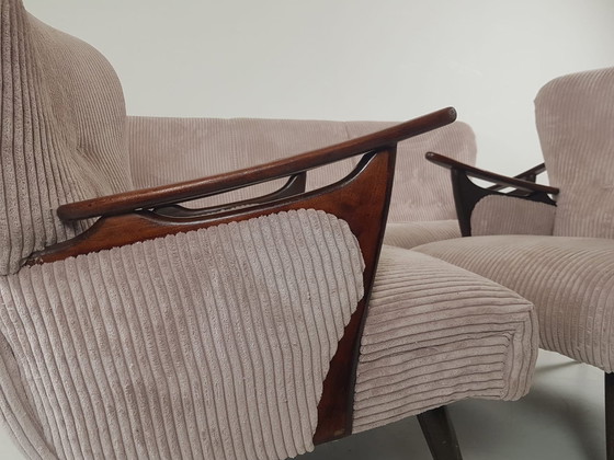 Image 1 of Vintage Fauteuils + Bank | Bankstel Roze Ribstof Nieuw Teak