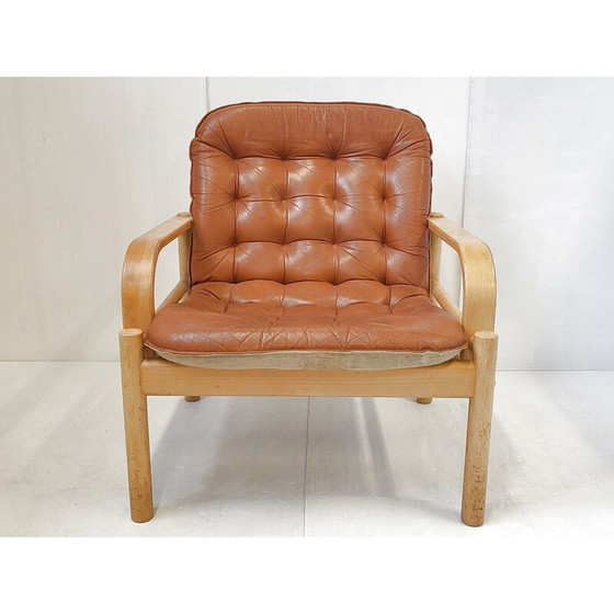 Image 1 of Scandinavische vintage fauteuil in leer en beukenhout, 1960