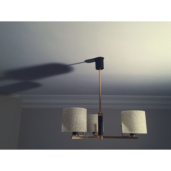 Image 1 of Vintage Arlus hanglamp van messing, hout en zwart lak, Frankrijk 1960