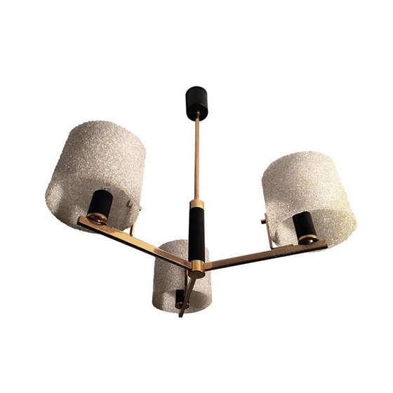 Image 1 of Vintage Arlus hanglamp van messing, hout en zwart lak, Frankrijk 1960