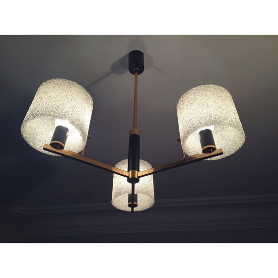 Image 1 of Vintage Arlus hanglamp van messing, hout en zwart lak, Frankrijk 1960