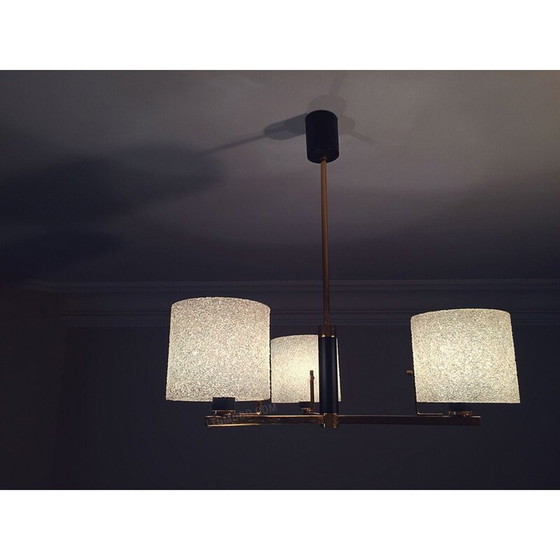 Image 1 of Vintage Arlus hanglamp van messing, hout en zwart lak, Frankrijk 1960