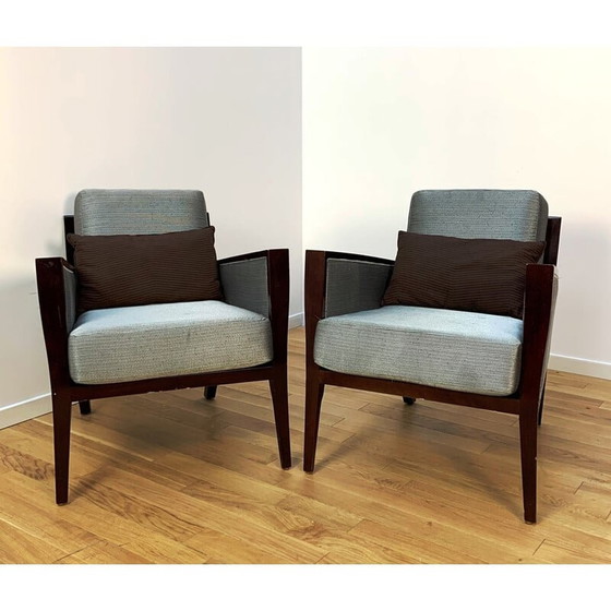 Image 1 of Vintage fauteuil in donker hout en stof