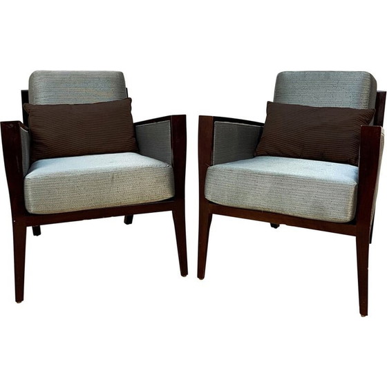 Image 1 of Vintage fauteuil in donker hout en stof