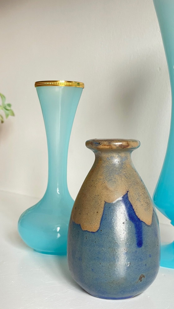 Image 1 of Vintage blauw glas en gres vazen