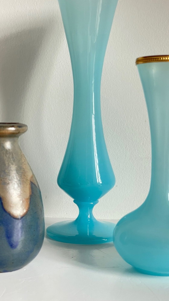 Image 1 of Vintage blauw glas en gres vazen