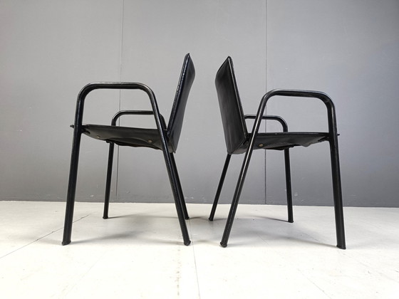 Image 1 of Vintage zwart leren eetkamerstoelen van Poltrona Frau, 1970S