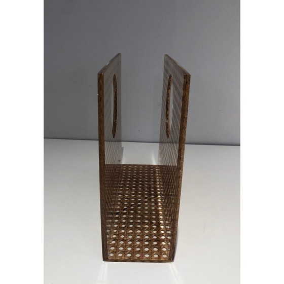 Image 1 of Vintage tijdschriftenrek "handtas" van plexiglas, messing en riet, Frankrijk 1970