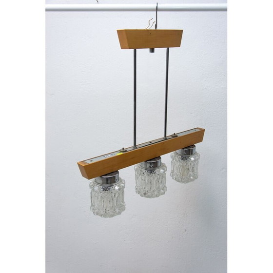 Image 1 of Vintage kroonluchter van hout en glas met oosterse cloc brutalisme, Tsjechoslowakije 1970
