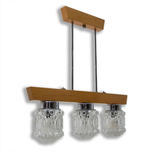 Vintage kroonluchter van hout en glas met oosterse cloc brutalisme, Tsjechoslowakije 1970