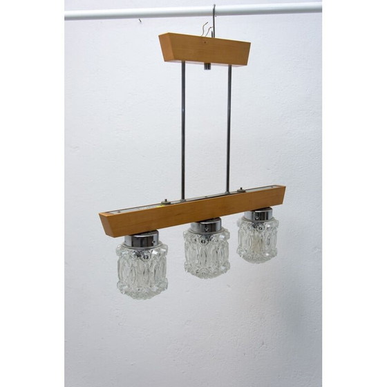 Image 1 of Vintage kroonluchter van hout en glas met oosterse cloc brutalisme, Tsjechoslowakije 1970
