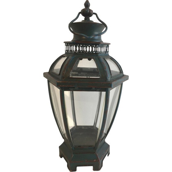 Image 1 of Vintage Art Decoratieve tafellantaarn in verouderd groen metaal