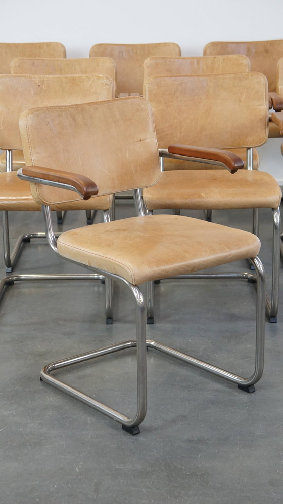 Image 1 of 12 X Vintage Leren Thonet Design Eetkamerstoelen Model S64