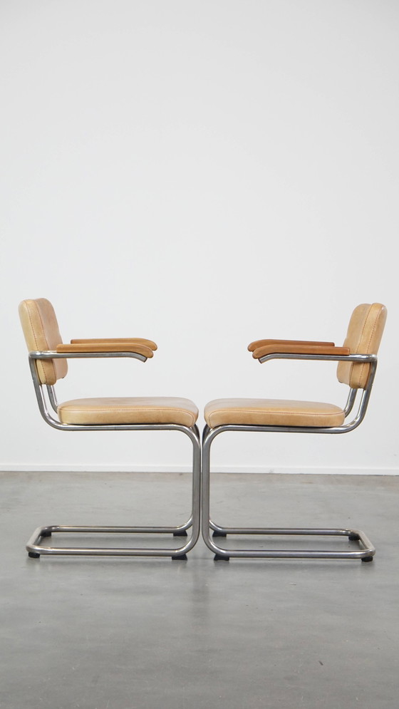 Image 1 of 12 X Vintage Leren Thonet Design Eetkamerstoelen Model S64