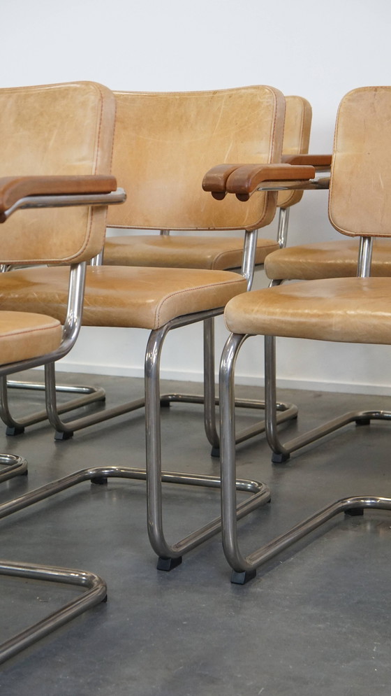 Image 1 of 12 X Vintage Leren Thonet Design Eetkamerstoelen Model S64