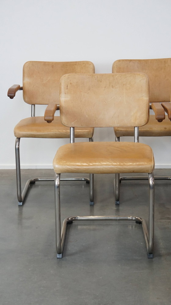 Image 1 of 12 X Vintage Leren Thonet Design Eetkamerstoelen Model S64