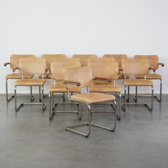 Image 1 of 12 X Vintage Leren Thonet Design Eetkamerstoelen Model S64