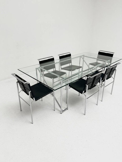 Set van dubbele X-tafel & 6 stoelen Roquebrune van Eileen Gray voor Classicon