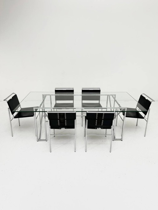 Set van dubbele X-tafel & 6 stoelen Roquebrune van Eileen Gray voor Classicon