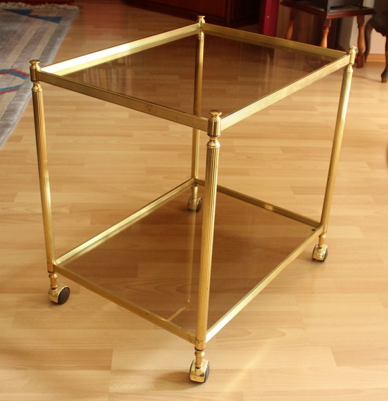 Image 1 of Hollywood Regency bar trolley, serveerwagen, messing, rookglas