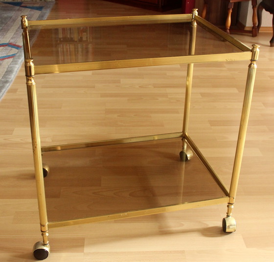 Image 1 of Hollywood Regency bar trolley, serveerwagen, messing, rookglas