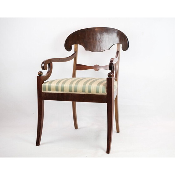 Image 1 of Vintage armstoel in mahonie met licht gestreepte stof, jaren 1840