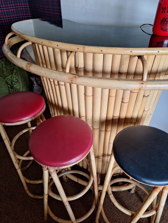 Image 1 of Vintage Tiki bar & 3 barstoelen