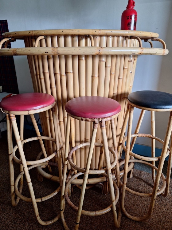 Image 1 of Vintage Tiki bar & 3 barstoelen