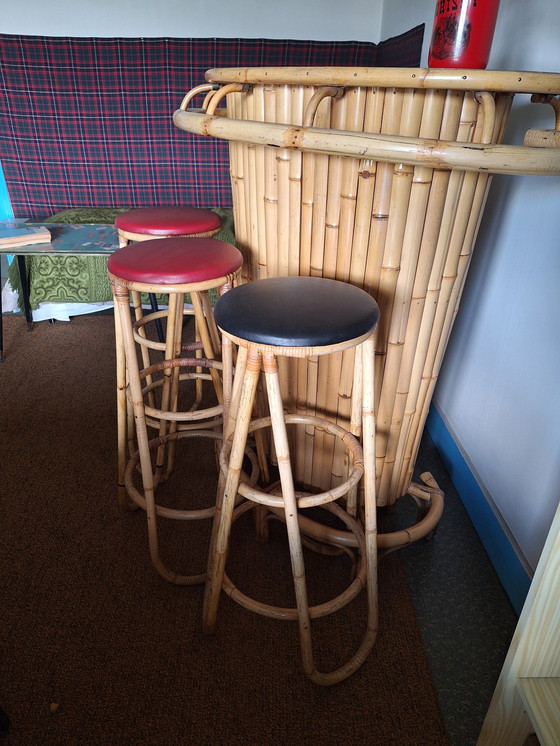 Image 1 of Vintage Tiki bar & 3 barstoelen