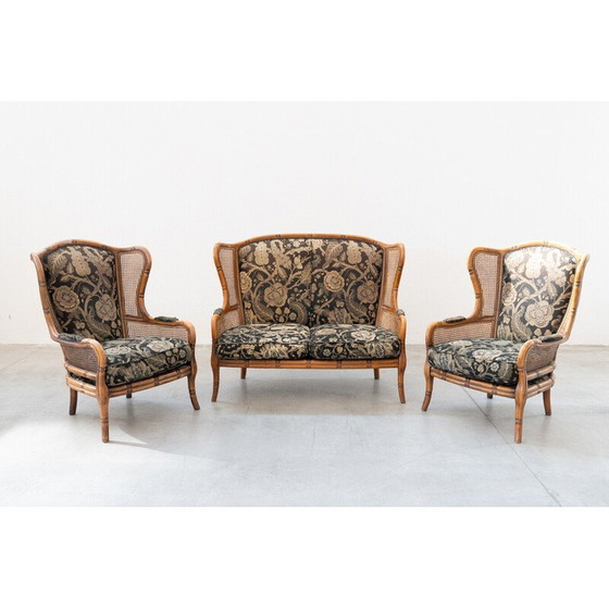 Image 1 of Vintage bamboe, stoffen en rieten woonkamer set, Italië 1980