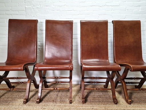 4x Pierre Lottier Valmazan Leren en eiken loungers Spaans