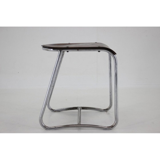 Image 1 of Vintage verchroomd en houten Bauhaus krukje, Tsjecho-Slowakije 1930