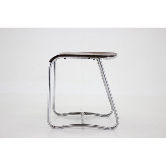 Image 1 of Vintage verchroomd en houten Bauhaus krukje, Tsjecho-Slowakije 1930