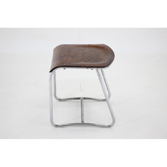 Image 1 of Vintage verchroomd en houten Bauhaus krukje, Tsjecho-Slowakije 1930
