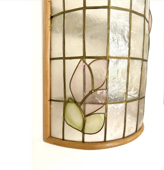 Image 1 of Paar Zweedse Vintage Tiffany / Bamboe Stijl Zeeschelp Wandconussen , Handgemaakt, Sjömarkens Armatur