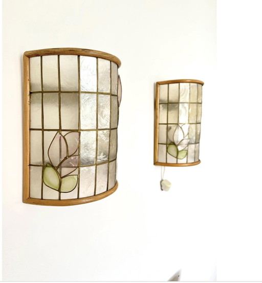 Paar Zweedse Vintage Tiffany / Bamboe Stijl Zeeschelp Wandconussen , Handgemaakt, Sjömarkens Armatur