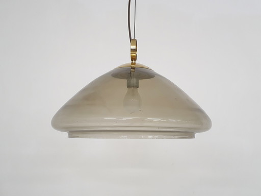 Mid-eeuwse hanglamp van gerookt glas en messing