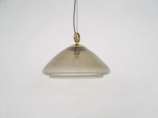 Mid-eeuwse hanglamp van gerookt glas en messing