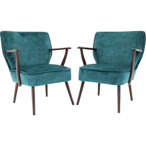 Paar vintage beuken en fluwelen fauteuils, Tsjecho-Slowakije 1970