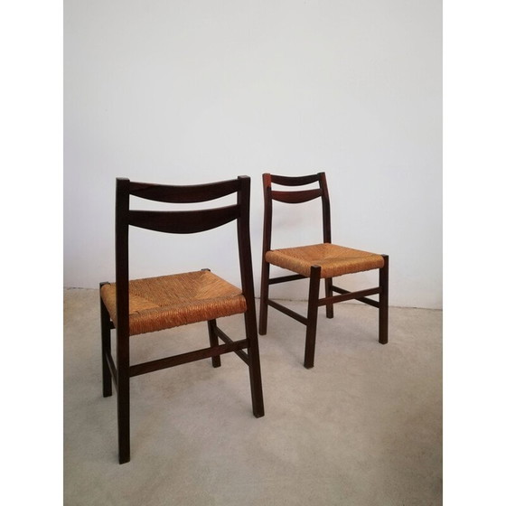 Image 1 of Set van 4 vintage Scandinavische stoelen van rozenhout en stro