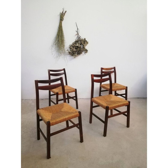 Image 1 of Set van 4 vintage Scandinavische stoelen van rozenhout en stro