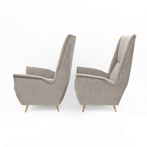 Image 1 of Paar Gio Ponti Mid Century Moderne fluwelen fauteuils met hoge rug door Isa, 1950