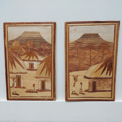 2 Stuks Vintage Afrikaanse Bamboe Kunstwerkjes .