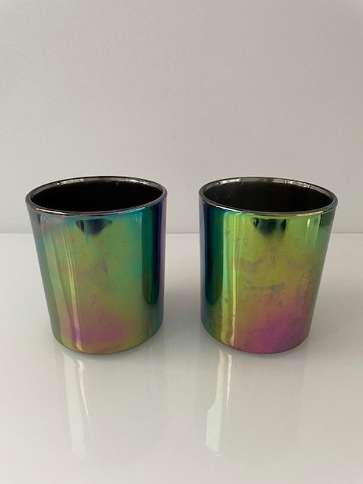 2X Kaarsenhouders Glas Met Multicolour Rainbow/Olie Effect