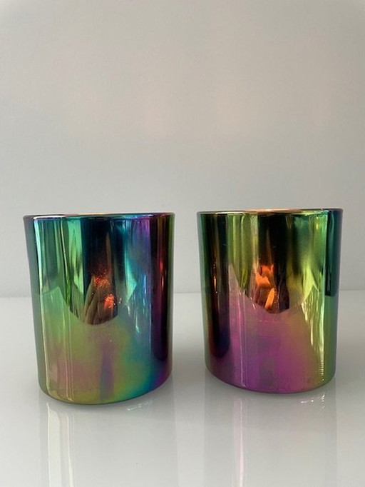 2X Kaarsenhouders Glas Met Multicolour Rainbow/Olie Effect