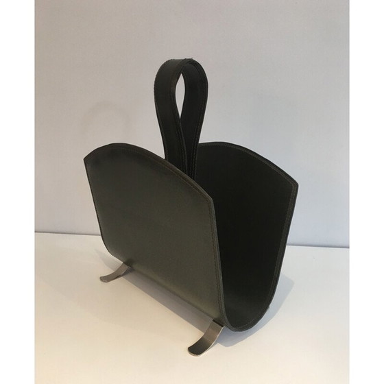 Image 1 of Vintage tijdschriftenrek van leer en geborsteld staal, Frankrijk 1950