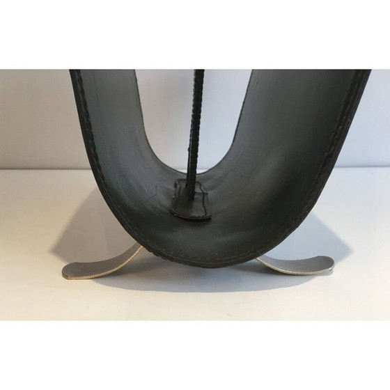 Image 1 of Vintage tijdschriftenrek van leer en geborsteld staal, Frankrijk 1950